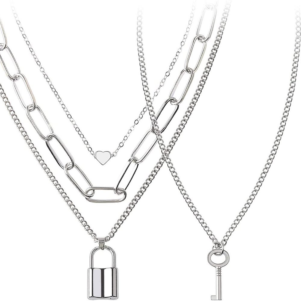 2 Layered Lock Key Pendants Necklaces Set